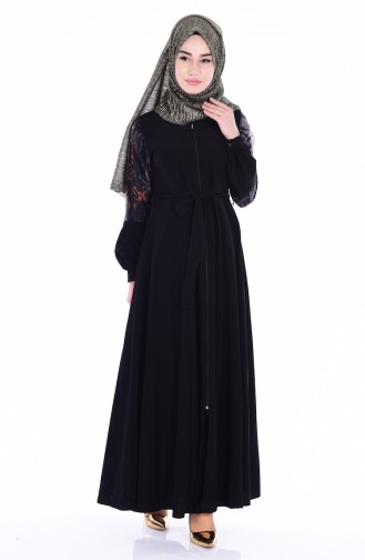 Abaya a Fermeture et Ceinture 7235-02 Noir Orange 7235-02