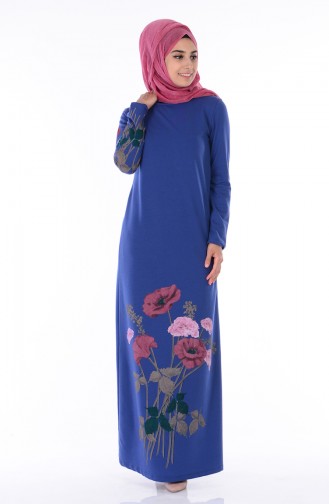 Bedrucktes Kleid aus Zwei Garne 2780-11 İndigo 2780-11