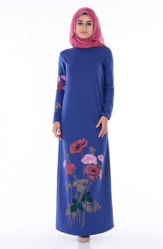 Bedrucktes Kleid aus Zwei Garne 2780-11 İndigo 2780-11