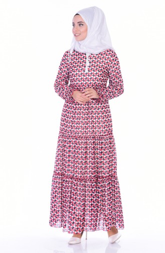 Desenli Elbise 0119-02 Kırmızı