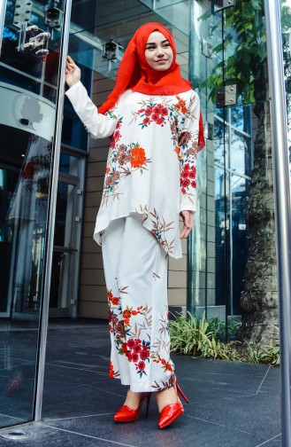 Tunik Pantolon İkili Takım 3005-01 Beyaz