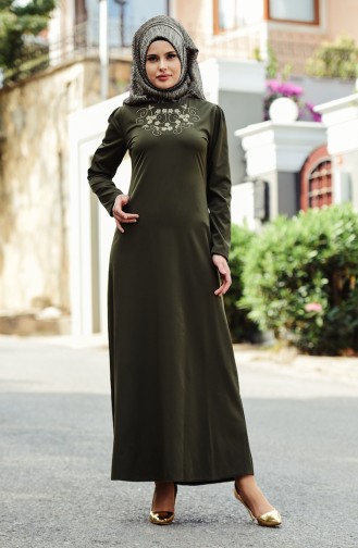 Sefamerve Nakışlı Elbise 4087-02 Haki Yeşil