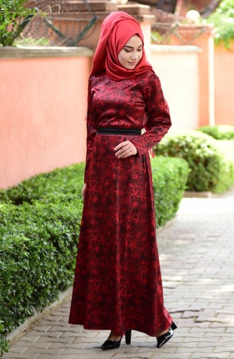 Sefamerve Satin Emprime Kleid mit Gürtel 3947-01 Rot 3947-01