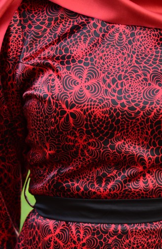 Sefamerve Saten Emprime Kuşaklı Elbise 3947-01 Kırmızı