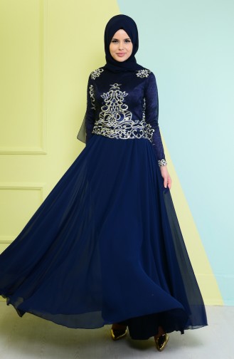 Navy Blue Hijab Evening Dress 7605-02