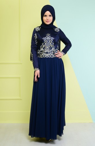 Navy Blue Hijab Evening Dress 7605-02