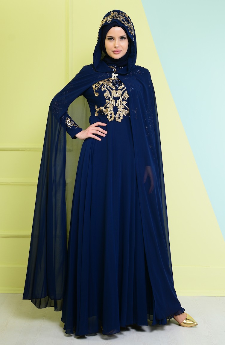 Navy Blue Hijab Evening Dress 7632-06