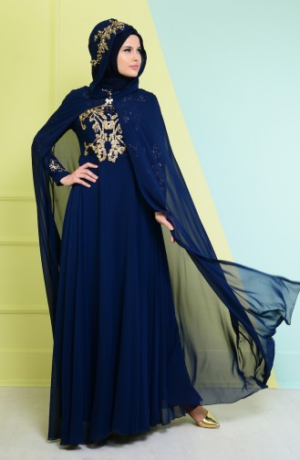 Navy Blue Hijab Evening Dress 7632-06
