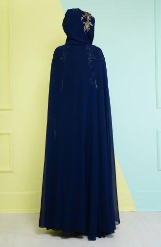 Navy Blue Hijab Evening Dress 7632-06