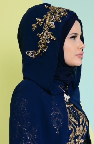 Navy Blue Hijab Evening Dress 7632-06