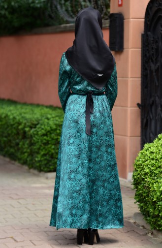 Sefamerve Saten Emprime Kuşaklı Elbise 3947-03 Zümrüt Yeşil