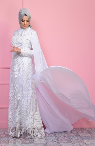 Ecru Hijab Evening Dress 7627-02