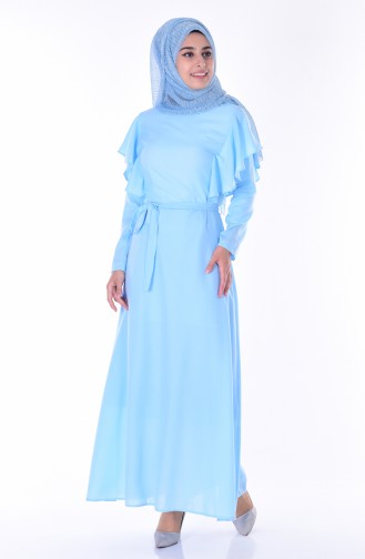 Volanlı Kuşaklı Elbise 4161-07 Bebe Mavi