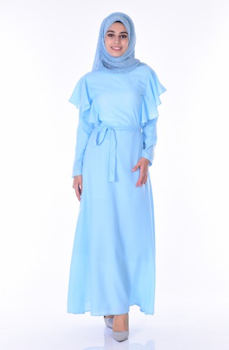 Volanlı Kuşaklı Elbise 4161-07 Bebe Mavi