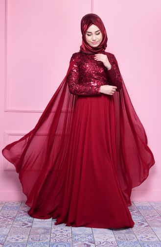 Claret Red Hijab Evening Dress 7546-02