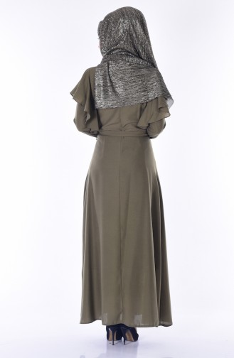 Volanlı Kuşaklı Elbise 4161-04 Haki Yeşil