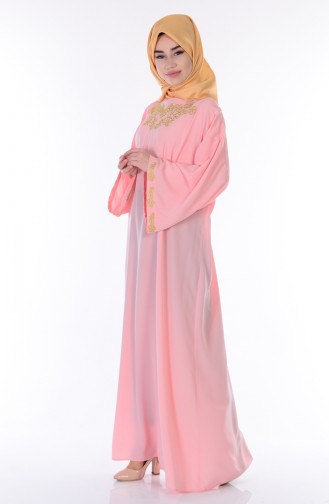 İşlemeli Abaya 7104-04 Pudra