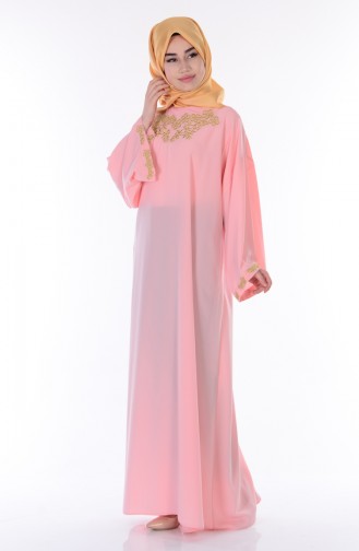 İşlemeli Abaya 7104-04 Pudra