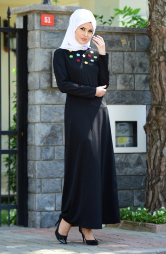 Sefamerve Renkli Nakışlı Elbise 4088-03 Siyah