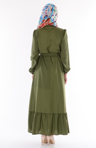 Düğmeli Kuşaklı Elbise 3151-10 Haki Yeşil