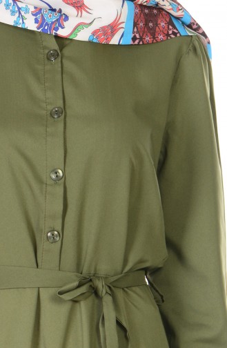 Düğmeli Kuşaklı Elbise 3151-10 Haki Yeşil