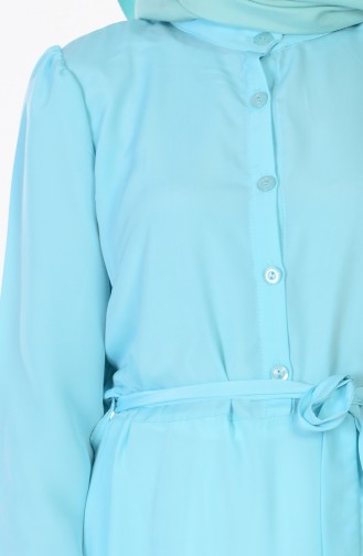 Düğmeli Kuşaklı Elbise 3151-06 Su Yeşili
