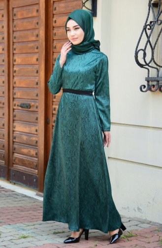Sefamerve Saten Emprime Elbise 3955-02 Zümrüt Yeşil