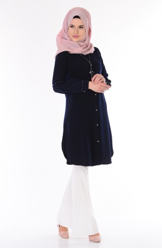 Buttoned Tunic with Necklace 1040-04 Navy Blue 1040-04