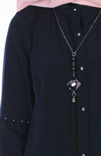 Buttoned Tunic with Necklace 1040-04 Navy Blue 1040-04