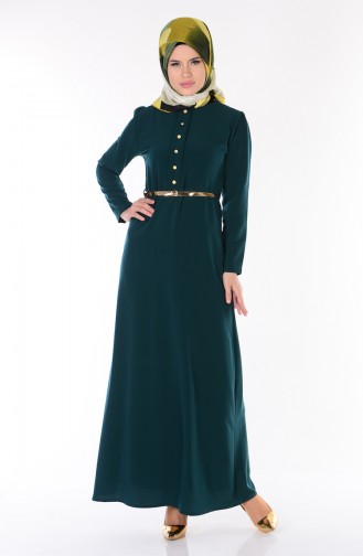 Düğme Detaylı Kemerli Elbise 1118-08 Zümrüt Yeşil