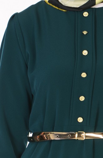 Düğme Detaylı Kemerli Elbise 1118-08 Zümrüt Yeşil