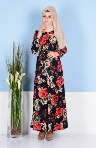 فستان بتصميم مورّد9075 - 02 لون كحلي وأحمر 9075-02