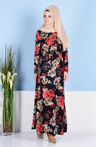 فستان بتصميم مورّد9075 - 02 لون كحلي وأحمر 9075-02