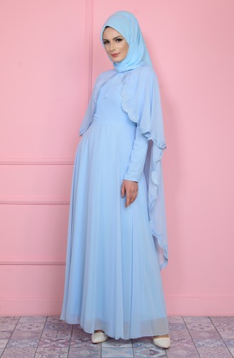 Cape Detailed Evening Dress 1087-03 Ice Blue 1087-03