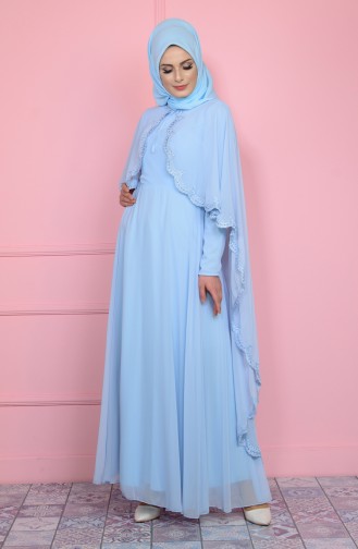 Pelerin Detaylı Abiye Elbise 1087-03 Buz Mavi