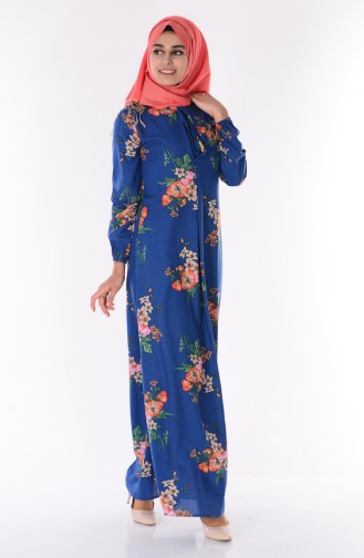 Çiçek Desenli Elbise 4089-04 Mavi