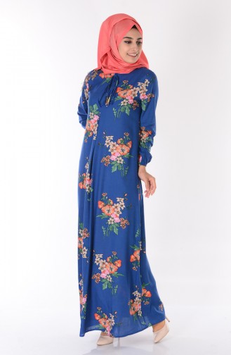 Çiçek Desenli Elbise 4089-04 Mavi