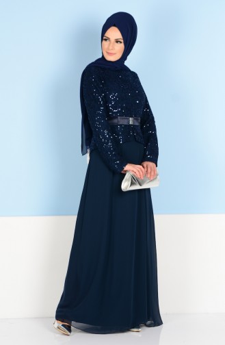 Navy Blue Hijab Evening Dress 55609-04