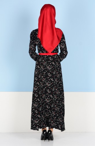 Sefamerve Kuşaklı Elbise 3949-01 Siyah Kırmızı