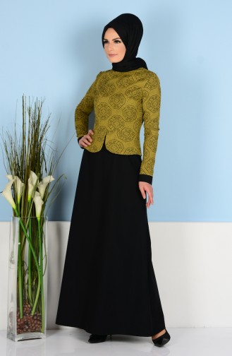 فستان بتصميم قصة عند الخصر 7131-03 لون أسود وأخضر زيتي 7131-03