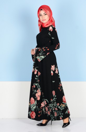 Decorated Dress with Belt 7256-01 Black Green 7256-01