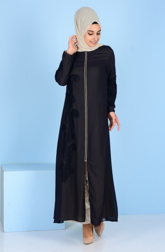 Abaya Détail Dentelle 4077-04 Bleu Marine Beige 4077-04