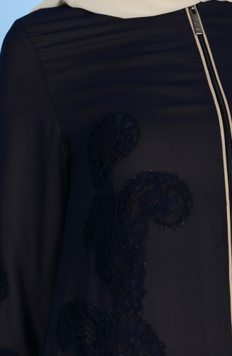 Lace Detailed Abaya 4077-04 Navy Blue Beige 4077-04