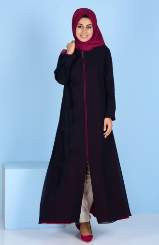 Lace Detailed Abaya 4077-05 Navy Blue Fuchsia 4077-05