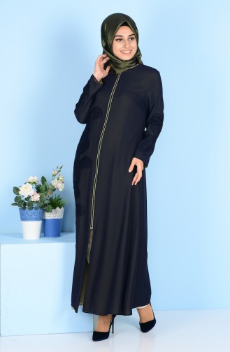 Abaya Détail Dentelle 4077-03 Bleu Marine Vert Huile 4077-03