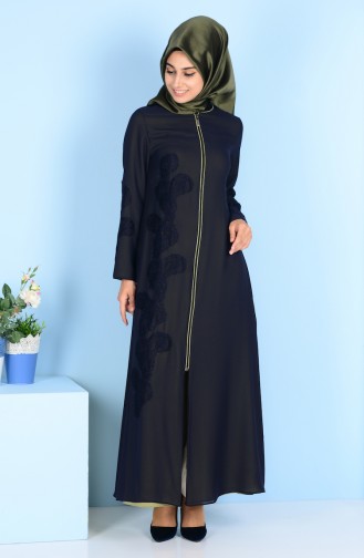 Lace Detailed Abaya4077-03 Navy Blue Oil Green 4077-03