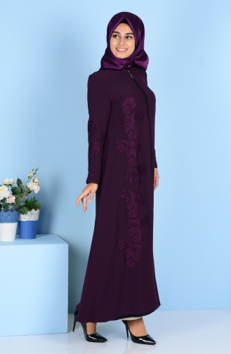 Abaya Détail Dentelle 4077-02 Pourpre Noir 4077-02