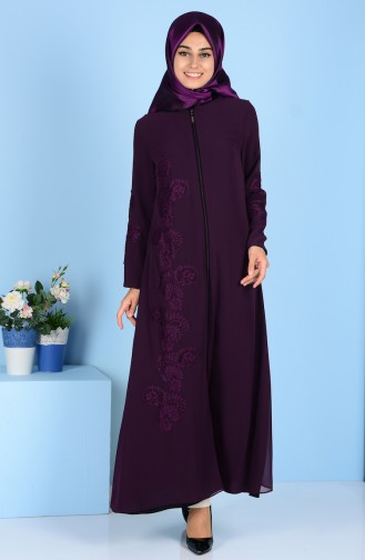 Abaya Détail Dentelle 4077-02 Pourpre Noir 4077-02