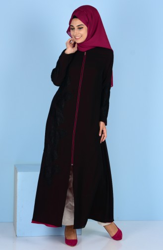 Lace Detailed Abaya 4077-06 Black Fuchsia 4077-06