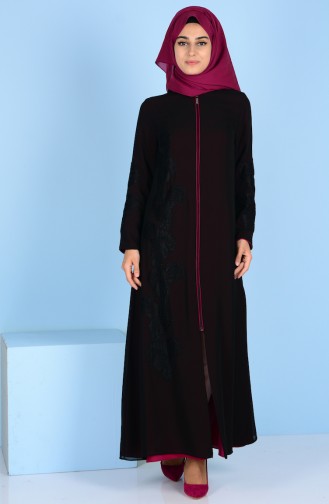 Lace Detailed Abaya 4077-06 Black Fuchsia 4077-06